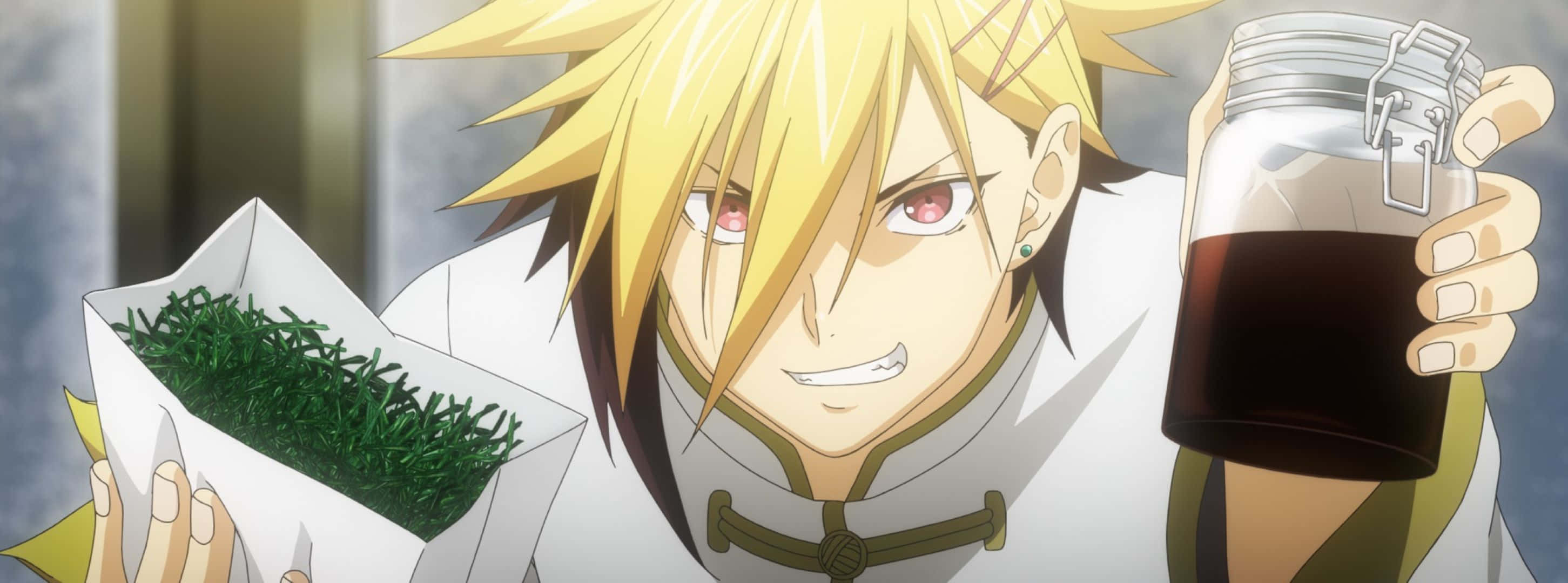 Kuga Terunori, spiky blonde anime chef, red eyes, 2K Desktop Wallpaper