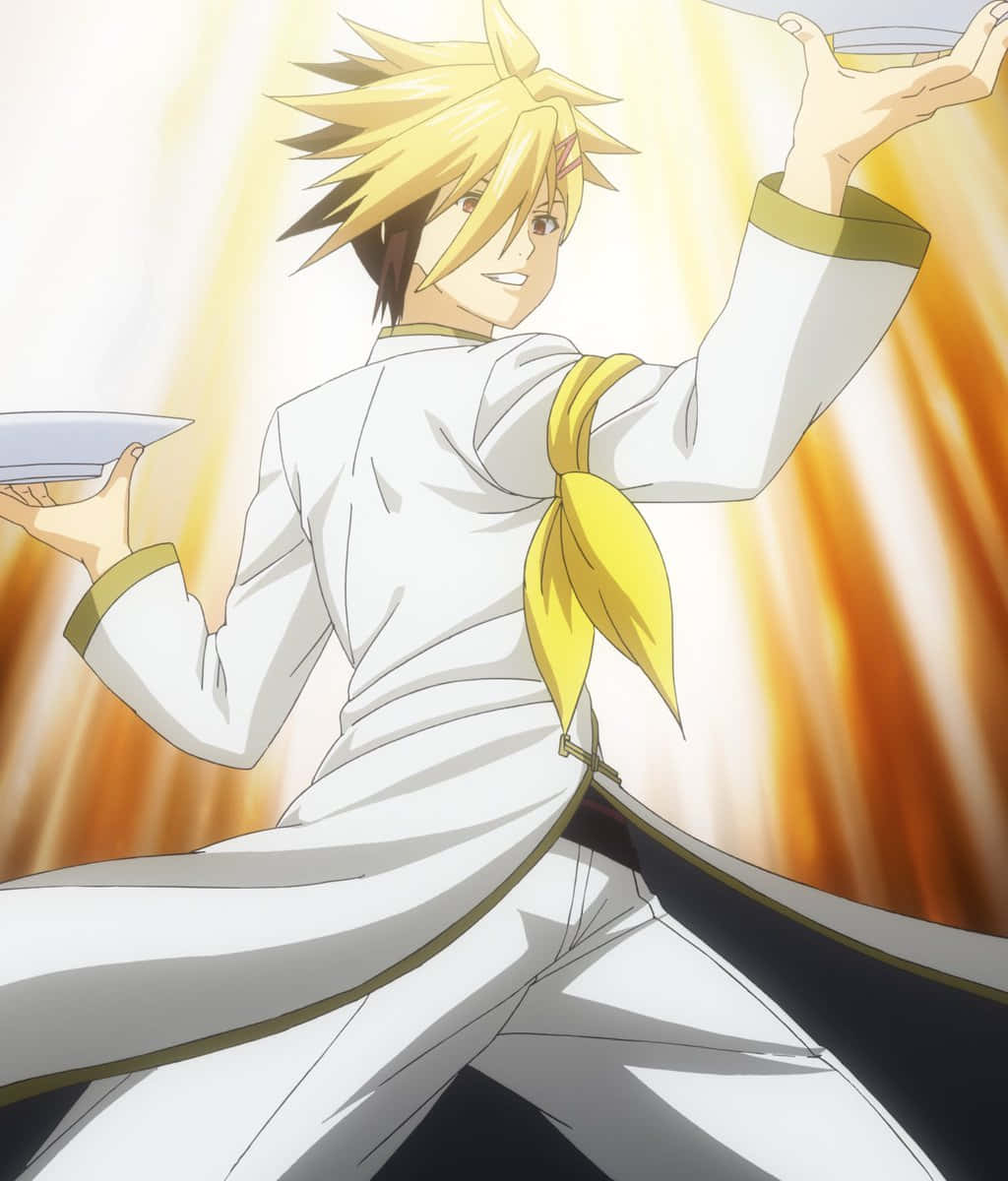 Kuga Terunori, spiky blonde anime chef, white uniform, SD Phone Wallpaper