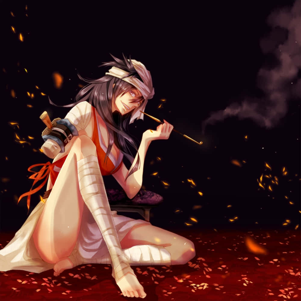 Kukaku Shiba, white and orange robes, smokes a pipe, SD Desktop Wallpaper