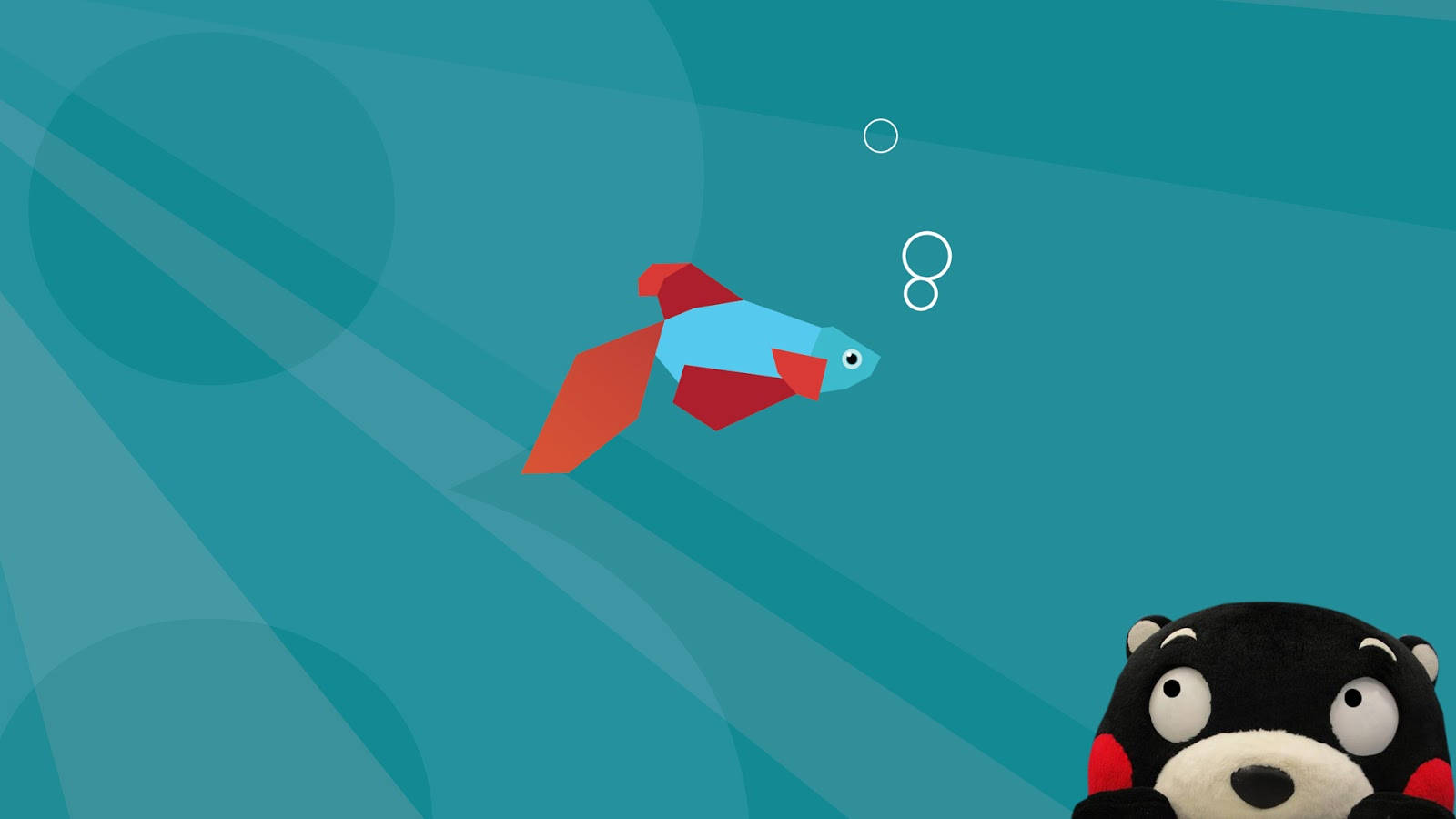 Kumamon, origami fish, teal water, HD Desktop Wallpaper