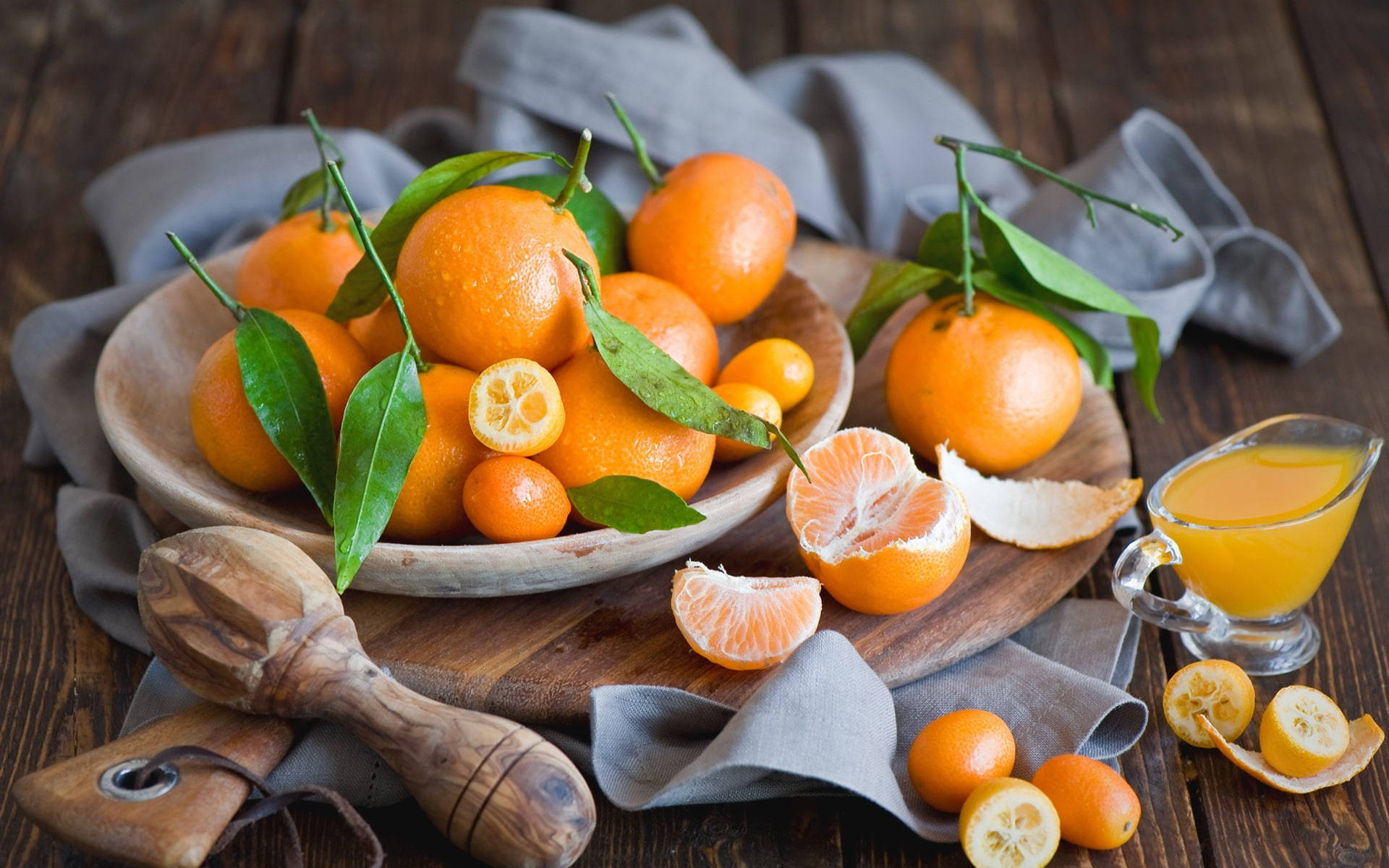 kumquat, oranges, wooden bowl, Full HD Desktop Wallpaper