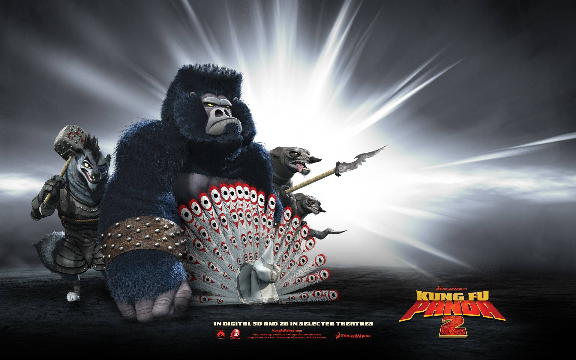 Kung Fu Panda 2, gorilla, peacock, Full HD Desktop Wallpaper