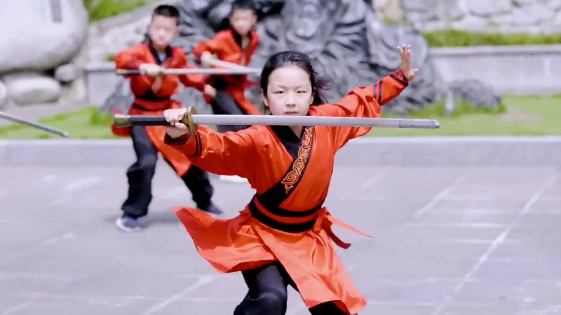 kids martial arts kung fu, vibrant orange martial arts uniform, sword, Full HD Desktop Wallpaper