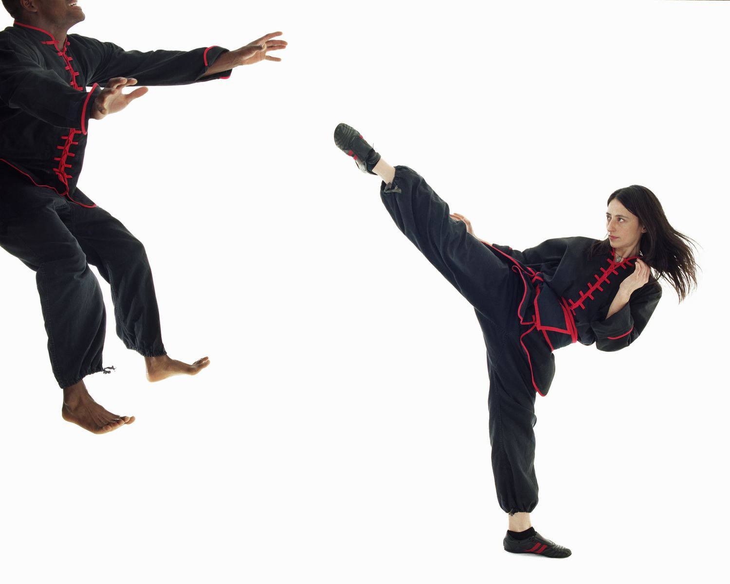 Kung Fu, flying kick, black and red martial arts uniform, HD Desktop Wallpaper