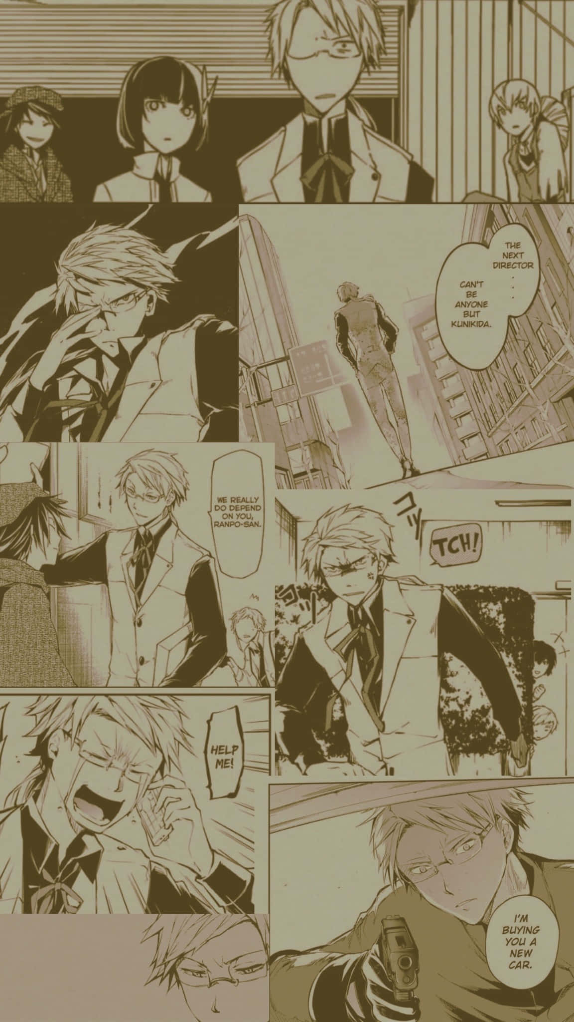Kunikida, sepia-toned, manga panel sequence, Full HD Phone Wallpaper