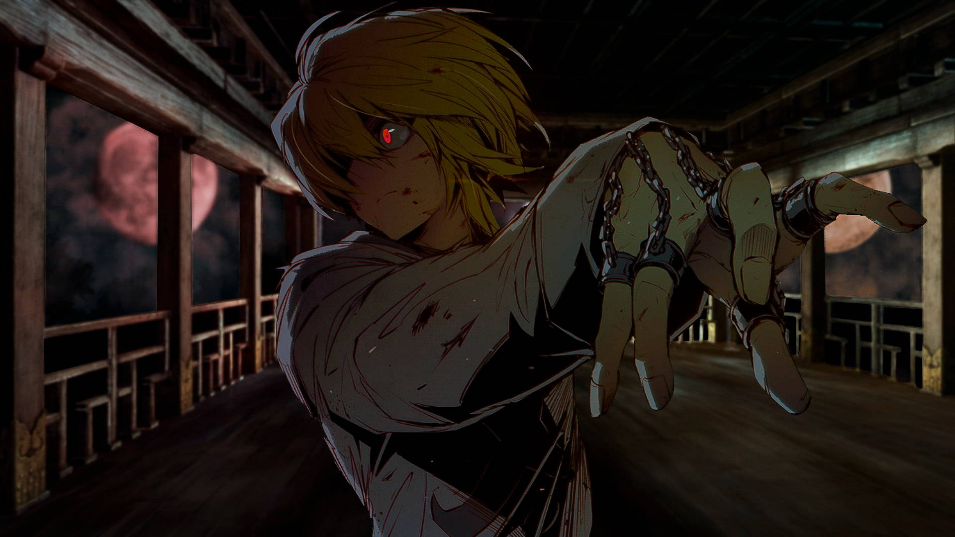 Kurapika, glowing red eye, chained hands, Full HD Desktop Wallpaper