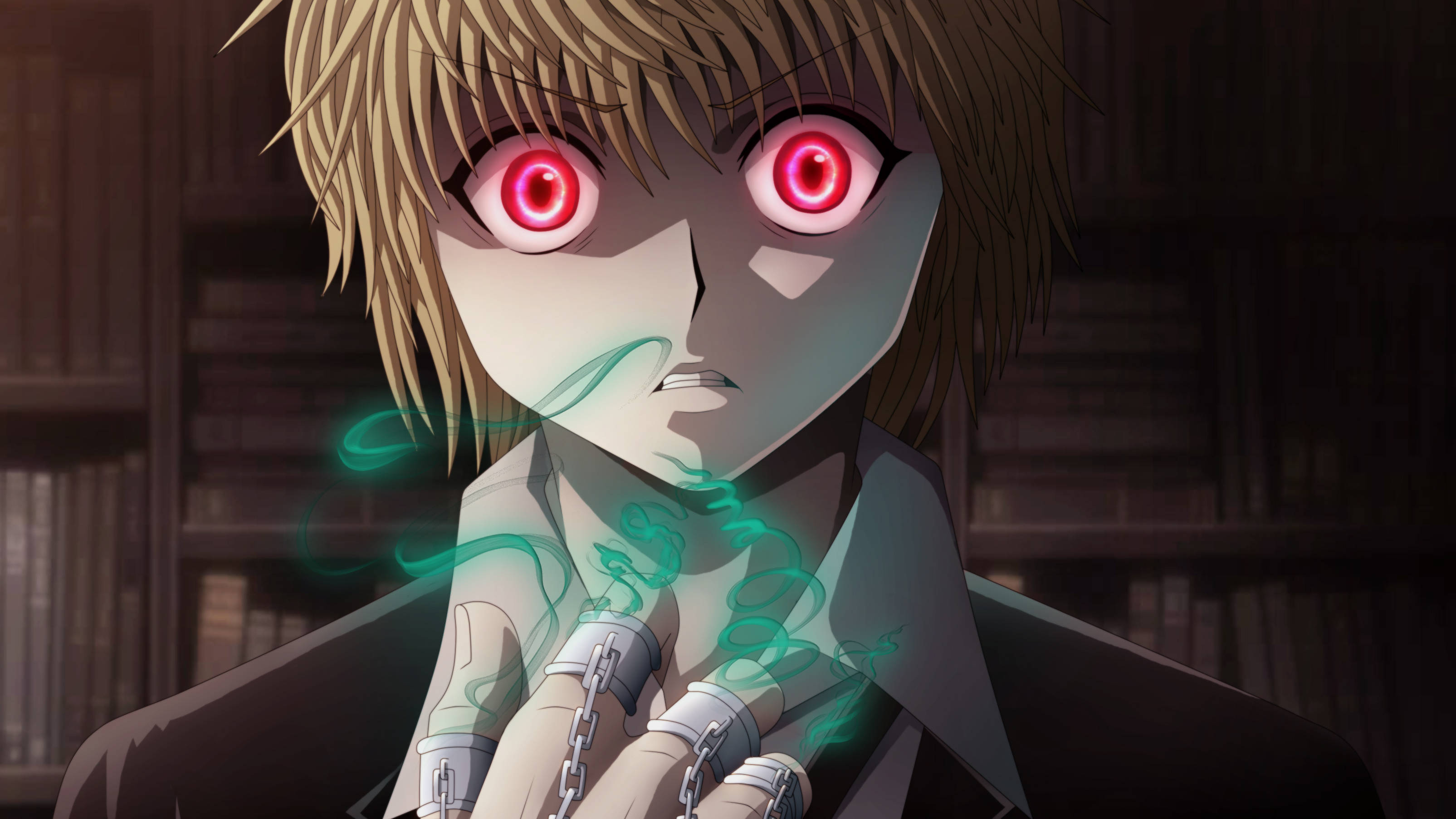 Kurapika, glowing red eyes, green energy, 2K Desktop Wallpaper