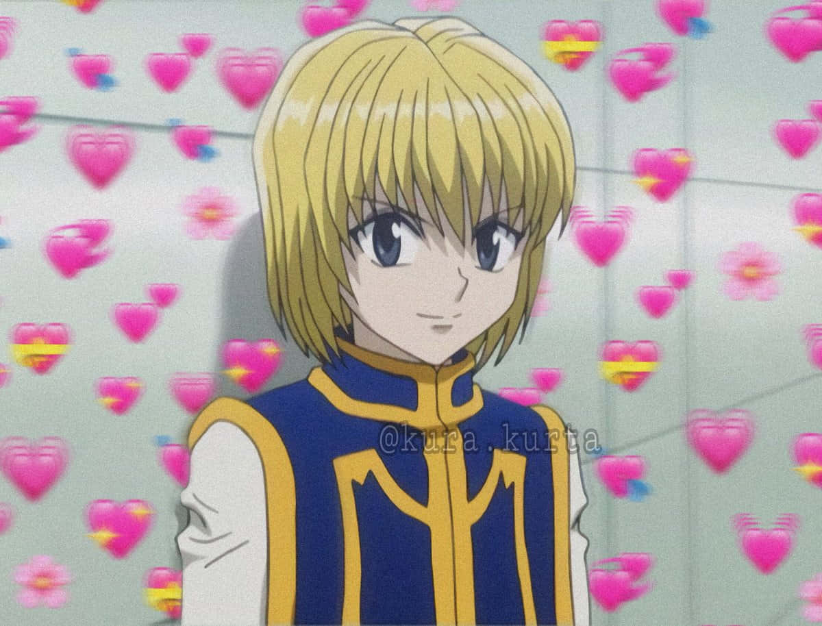 Kurapika, blue and gold outfit, floating pink hearts, SD Desktop Wallpaper