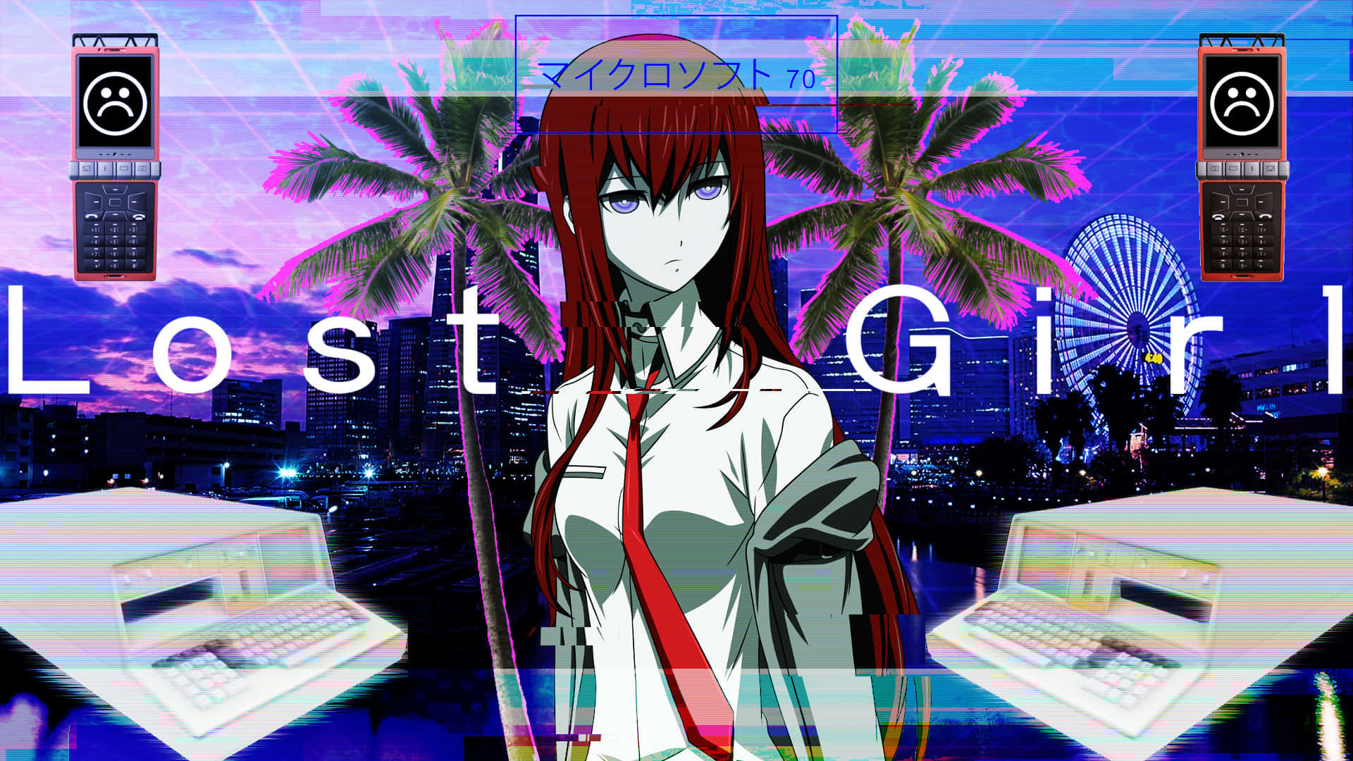Kurisu Makise, vaporwave, neon-lit cityscape, Full HD Desktop Wallpaper
