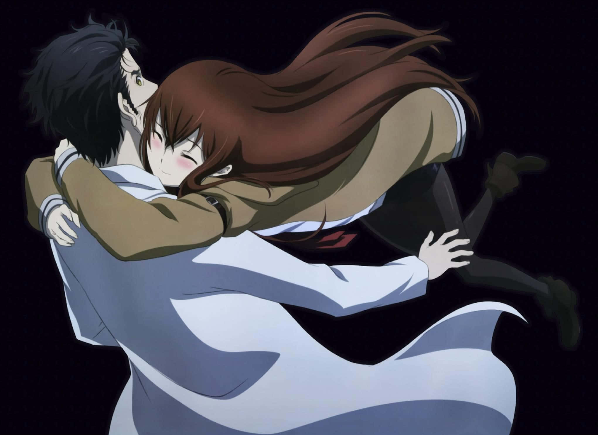 Kurisu Makise, deep thought, stark black background, Full HD Desktop Wallpaper