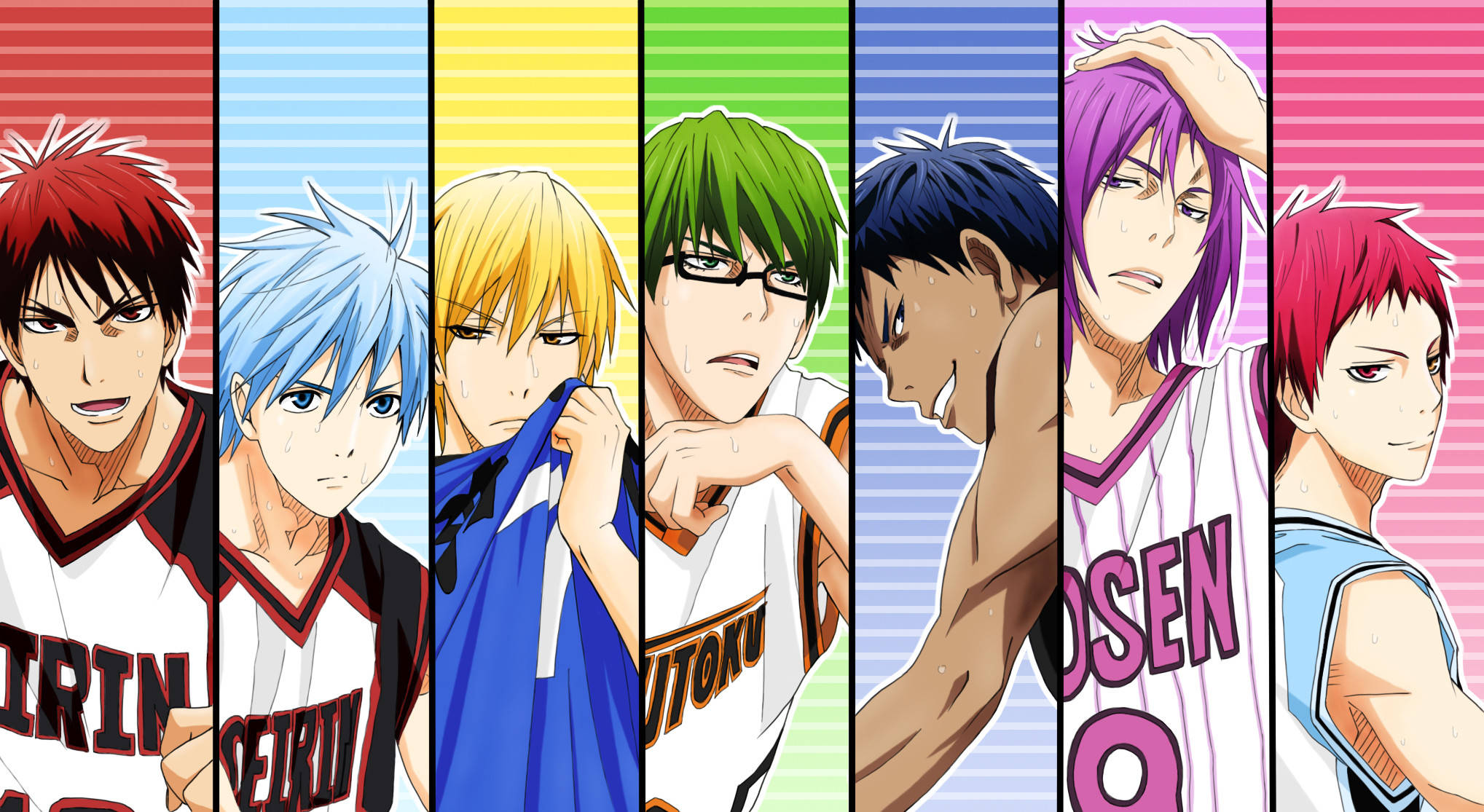 Kuroko No Basket, Seven anime basketball players, team jerseys, Full HD Desktop Wallpaper