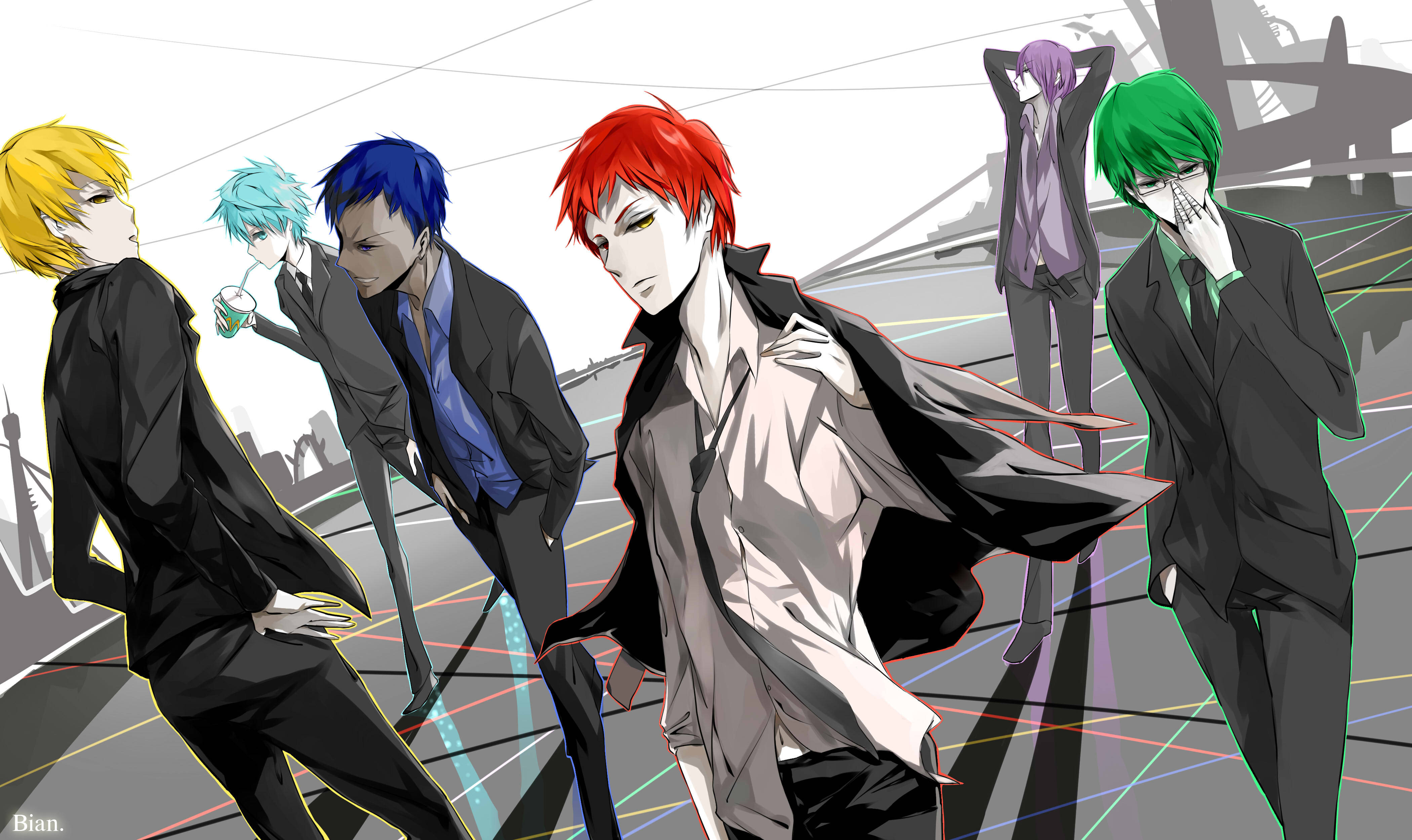 Kuroko characters, vibrant hair colors, stylized urban setting, 4K Desktop Wallpaper