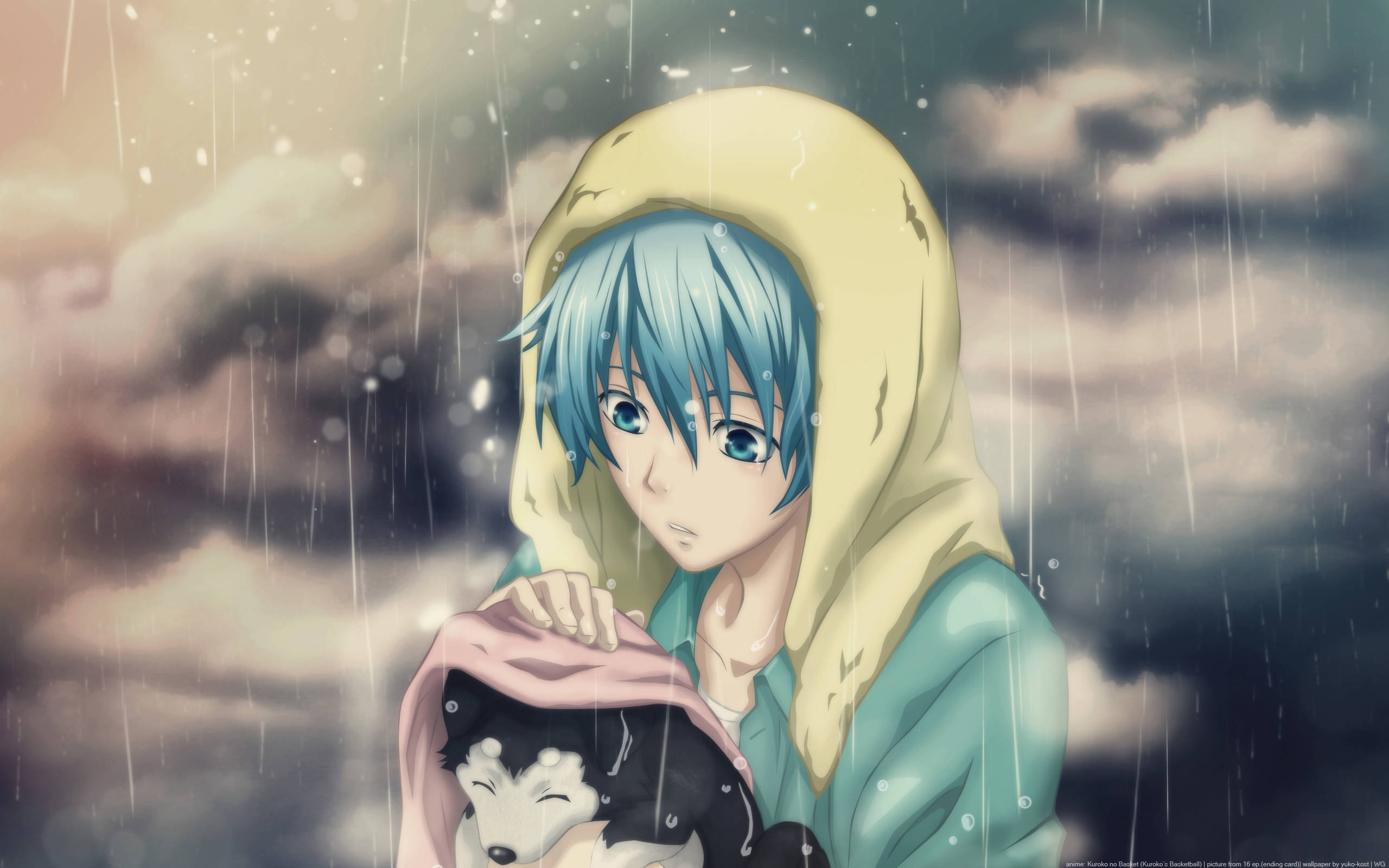 Kuroko, blue-haired anime boy, yellow hooded jacket, 2K Desktop Wallpaper