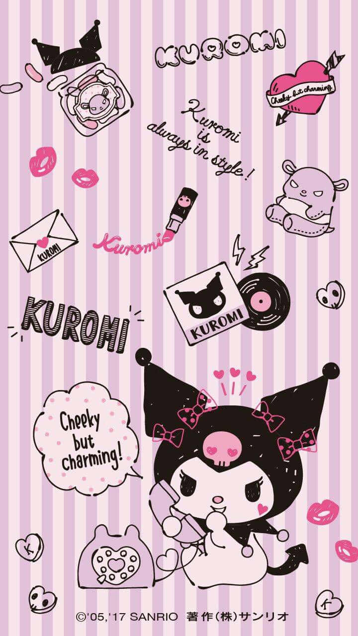 Kuromi, pink striped background, hearts, HD Phone Wallpaper