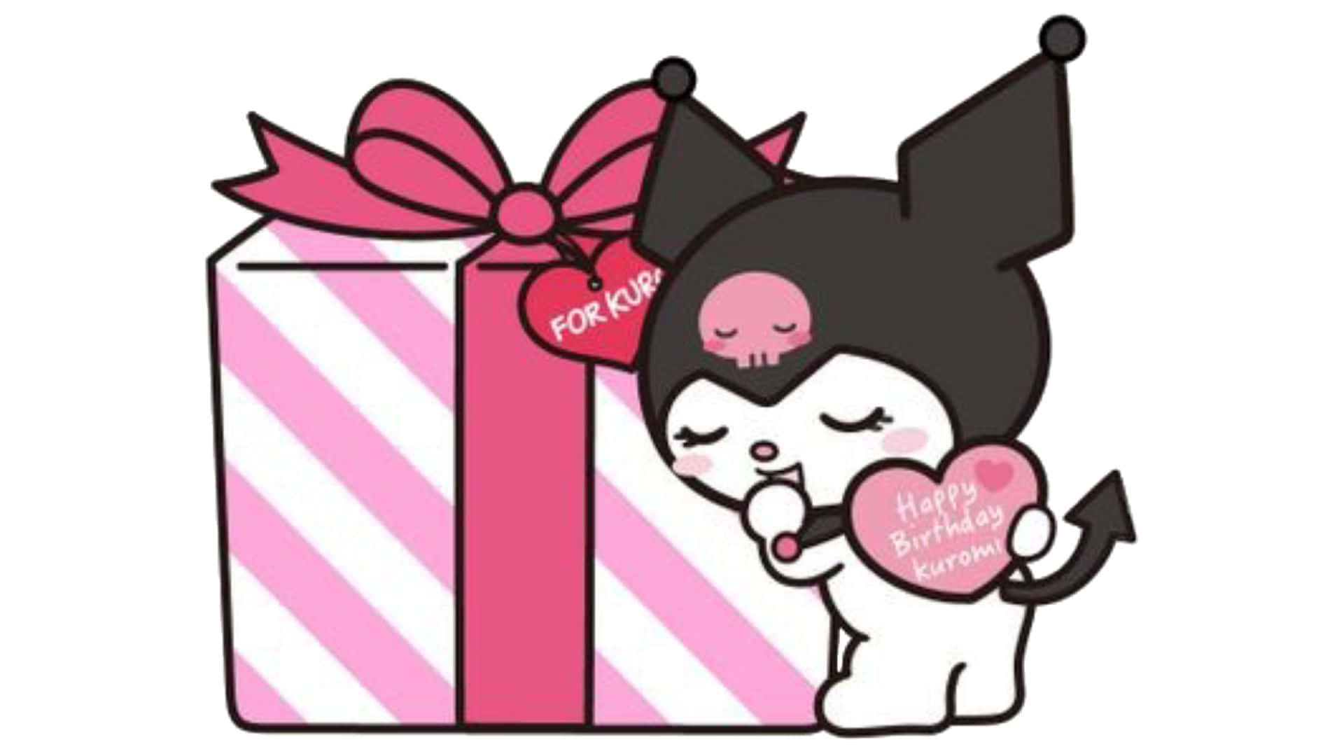 Kuromi, birthday card, pink striped gift box, Full HD Desktop Wallpaper