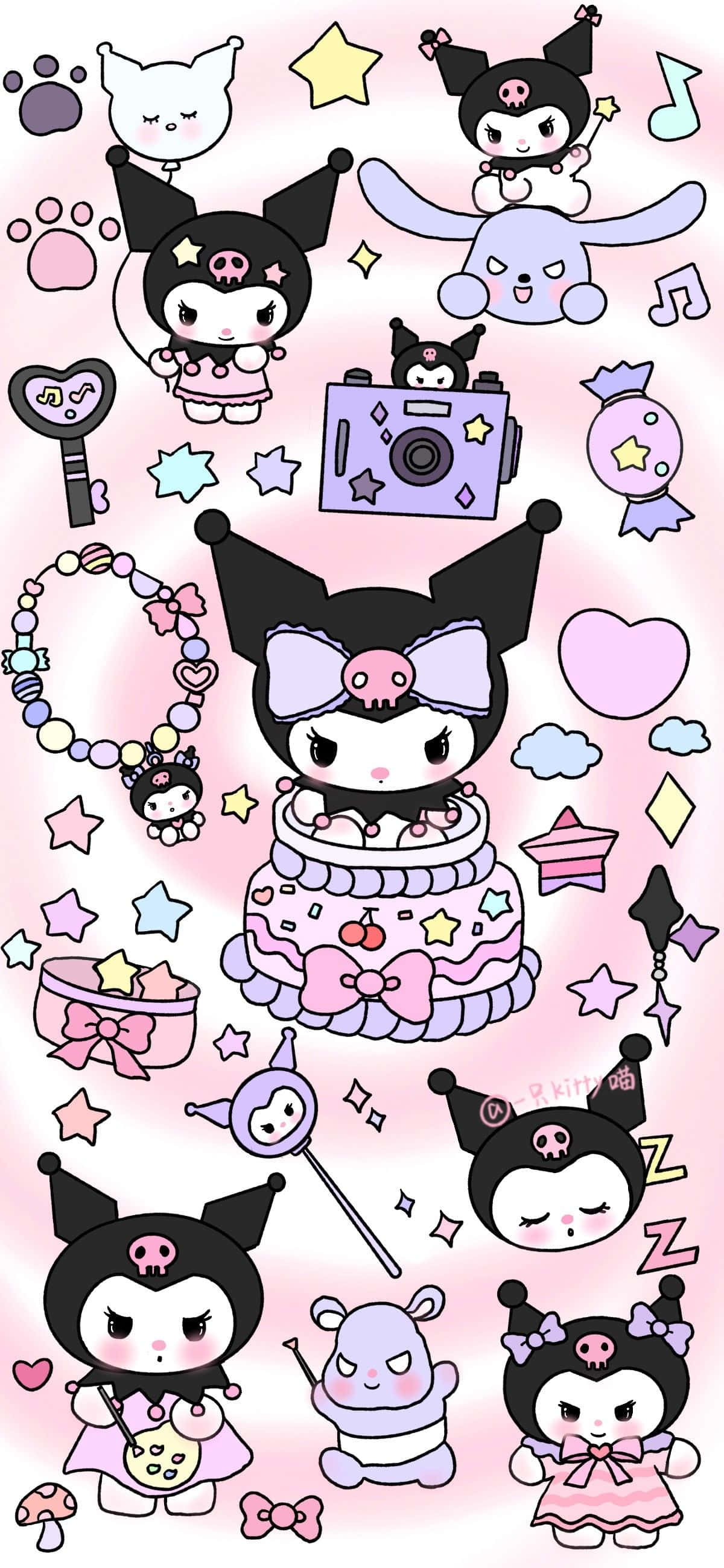 Kuromi, vibrant pink, stars, 2K Phone Wallpaper