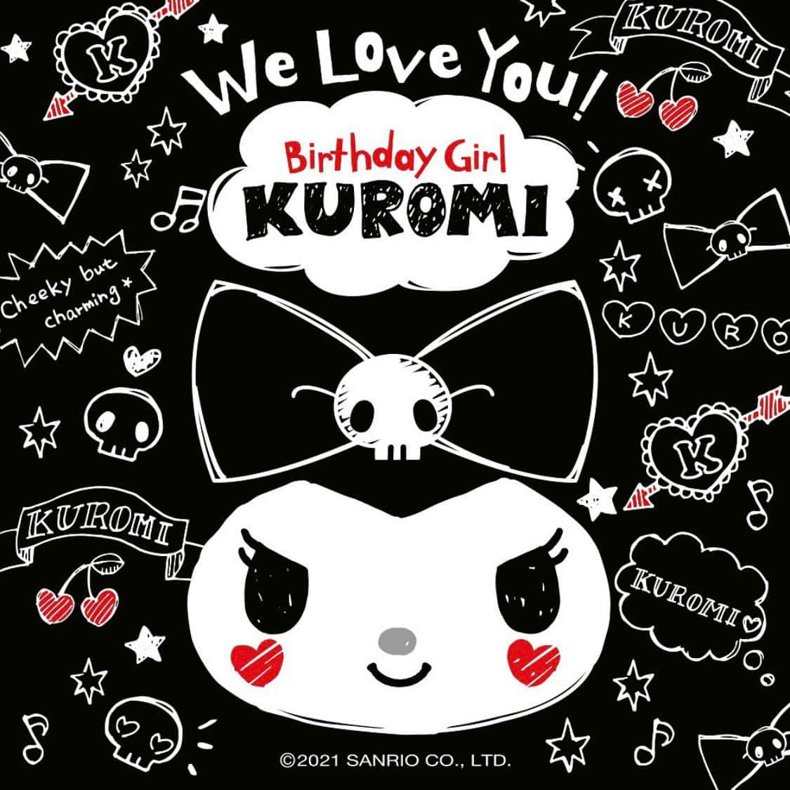 Kuromi, black background, white doodles, SD Desktop Wallpaper