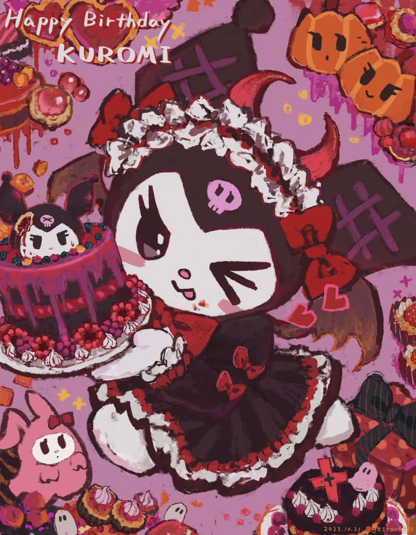 Kuromi, black and red devil costume, purple cake, SD Phone Wallpaper