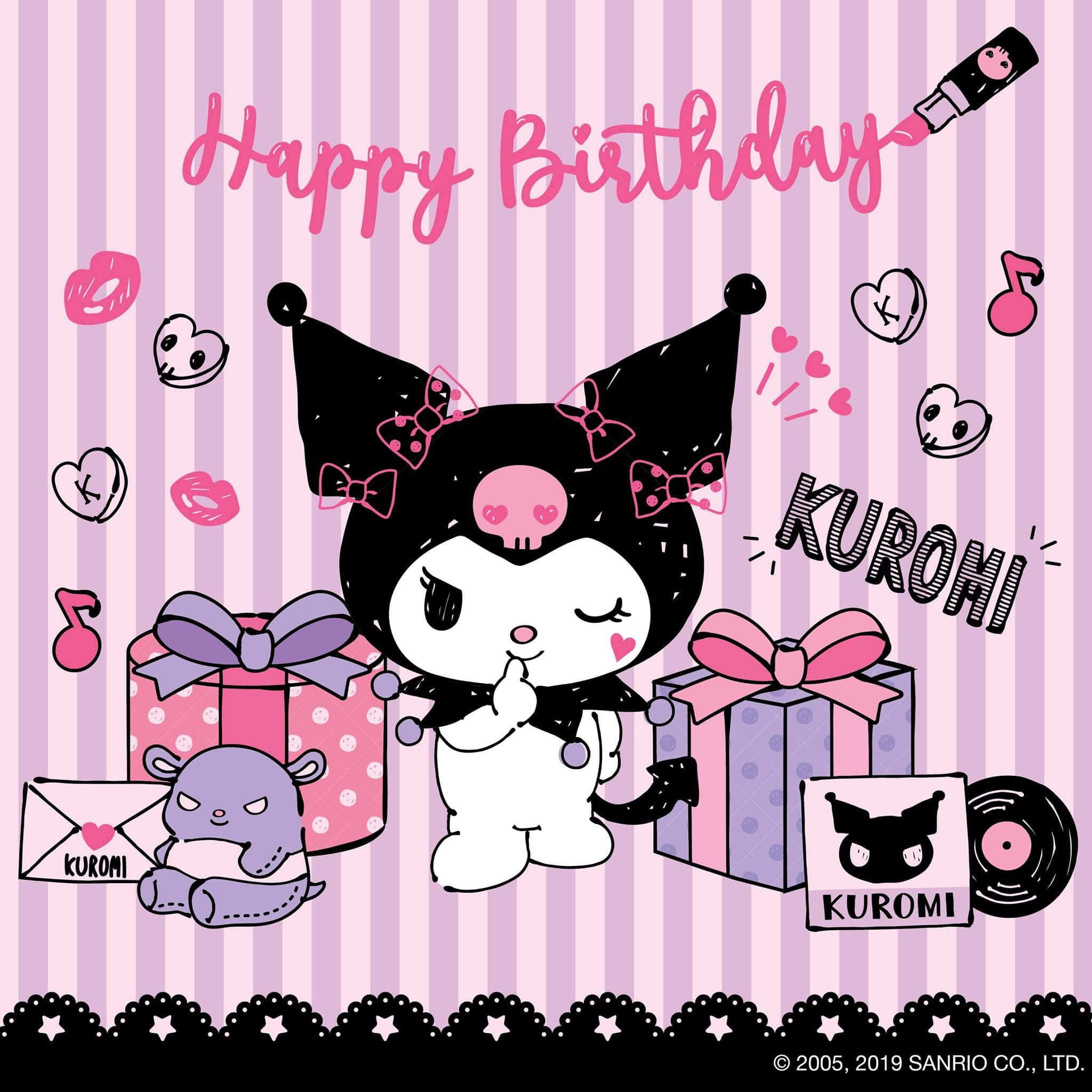 Kuromi, black cat with pink bows, striped background, Full HD Desktop Wallpaper