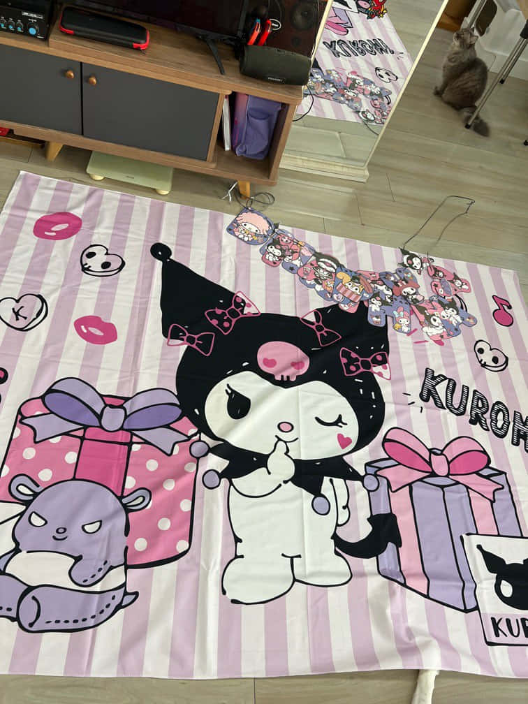Kuromi, pink and white striped blanket, gifts, SD Phone Wallpaper