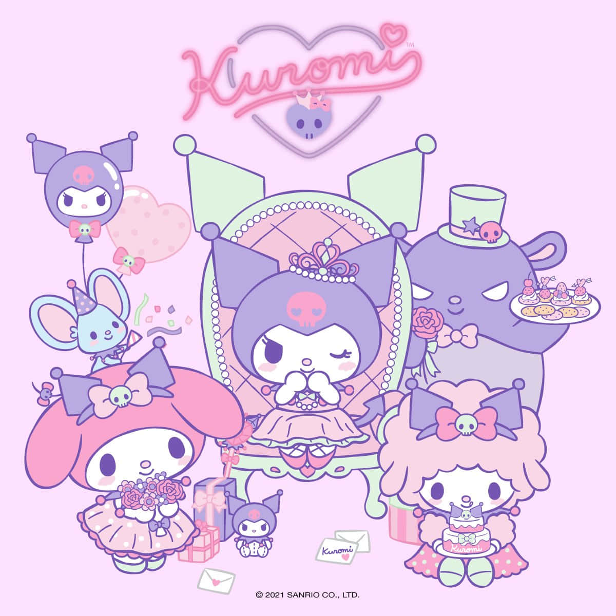 Kuromi, pastel pink and purple, tea party, SD Desktop Wallpaper