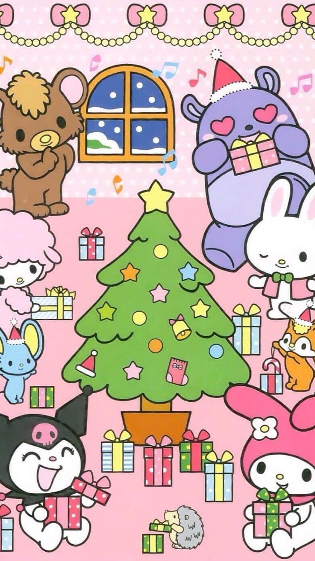 Kuromi, Christmas tree, festive pink room, Full HD Phone Wallpaper