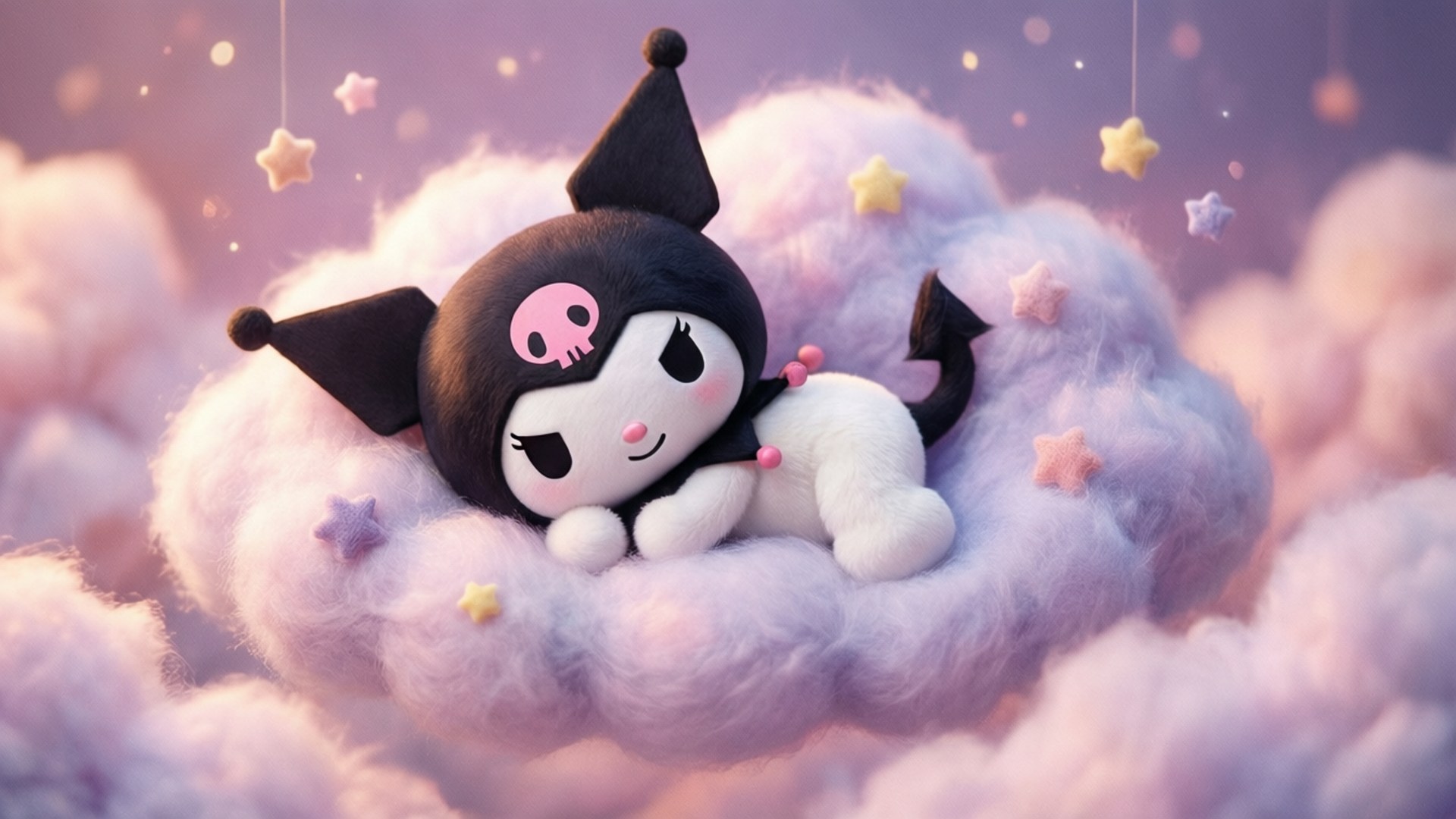 Kuromi, fluffy cloud, glowing stars, Full HD Desktop Wallpaper