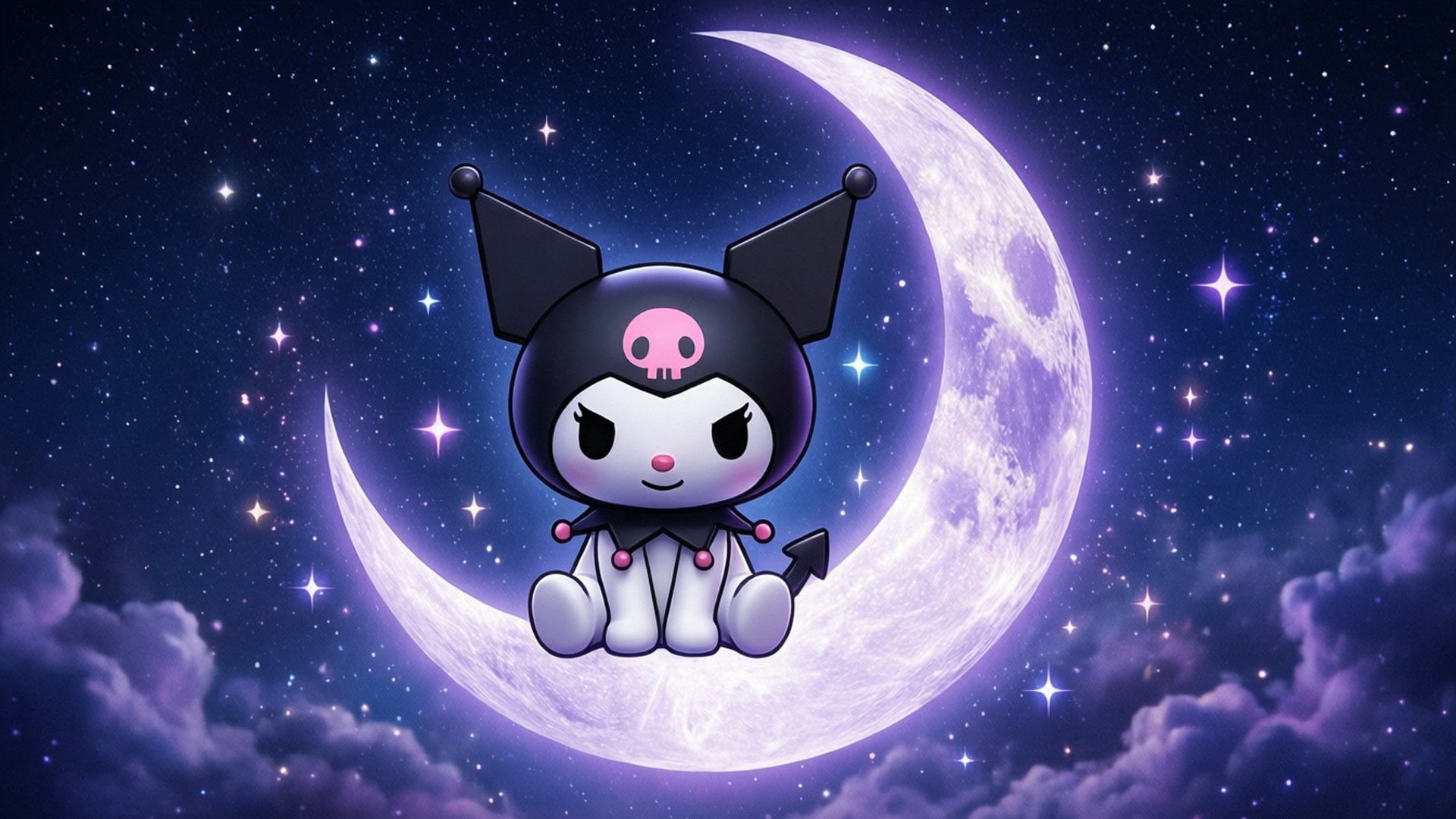 Kuromi, starry night, glowing crescent moon, Full HD Desktop Wallpaper