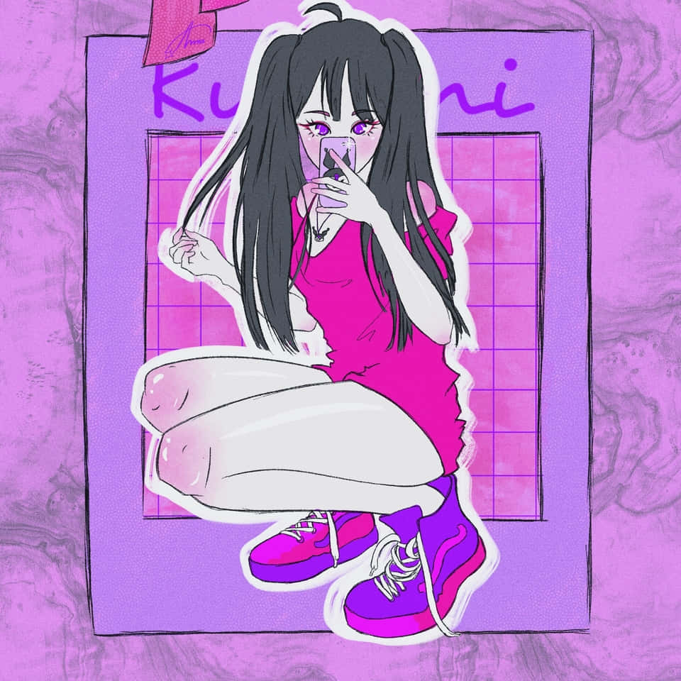 Kuromi, black pigtails, purple eyes, SD Desktop Wallpaper