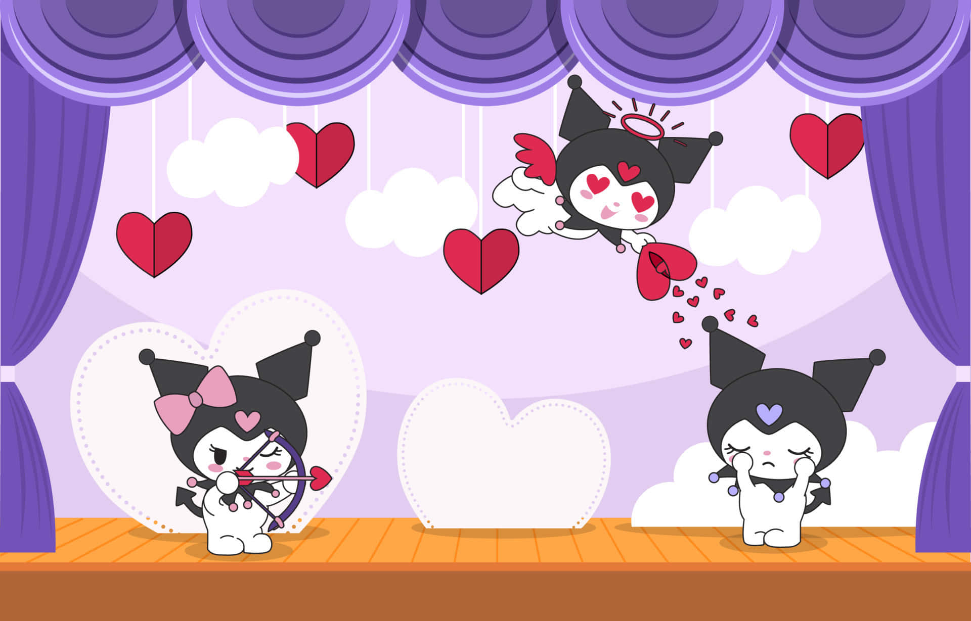 Kuromi, purple theater setting, hearts, Full HD Desktop Wallpaper