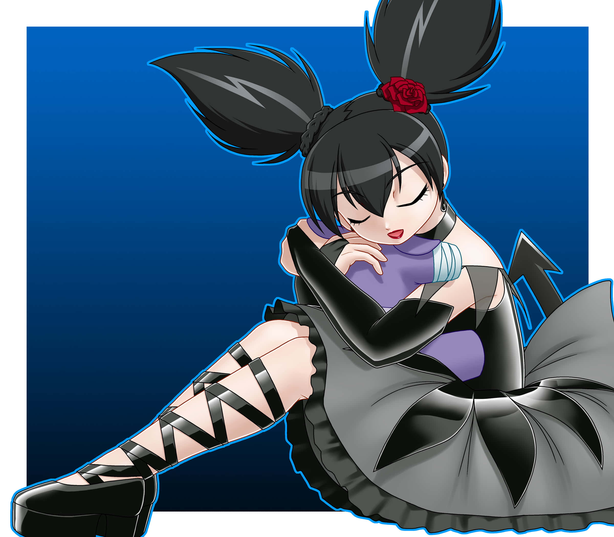 Kuromi, black pigtails, red rose hair accessory, Full HD Desktop Wallpaper