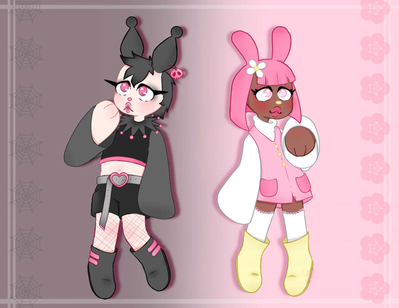 Kuromi, black with spider motifs, pink with bunny ears, HD Desktop Wallpaper