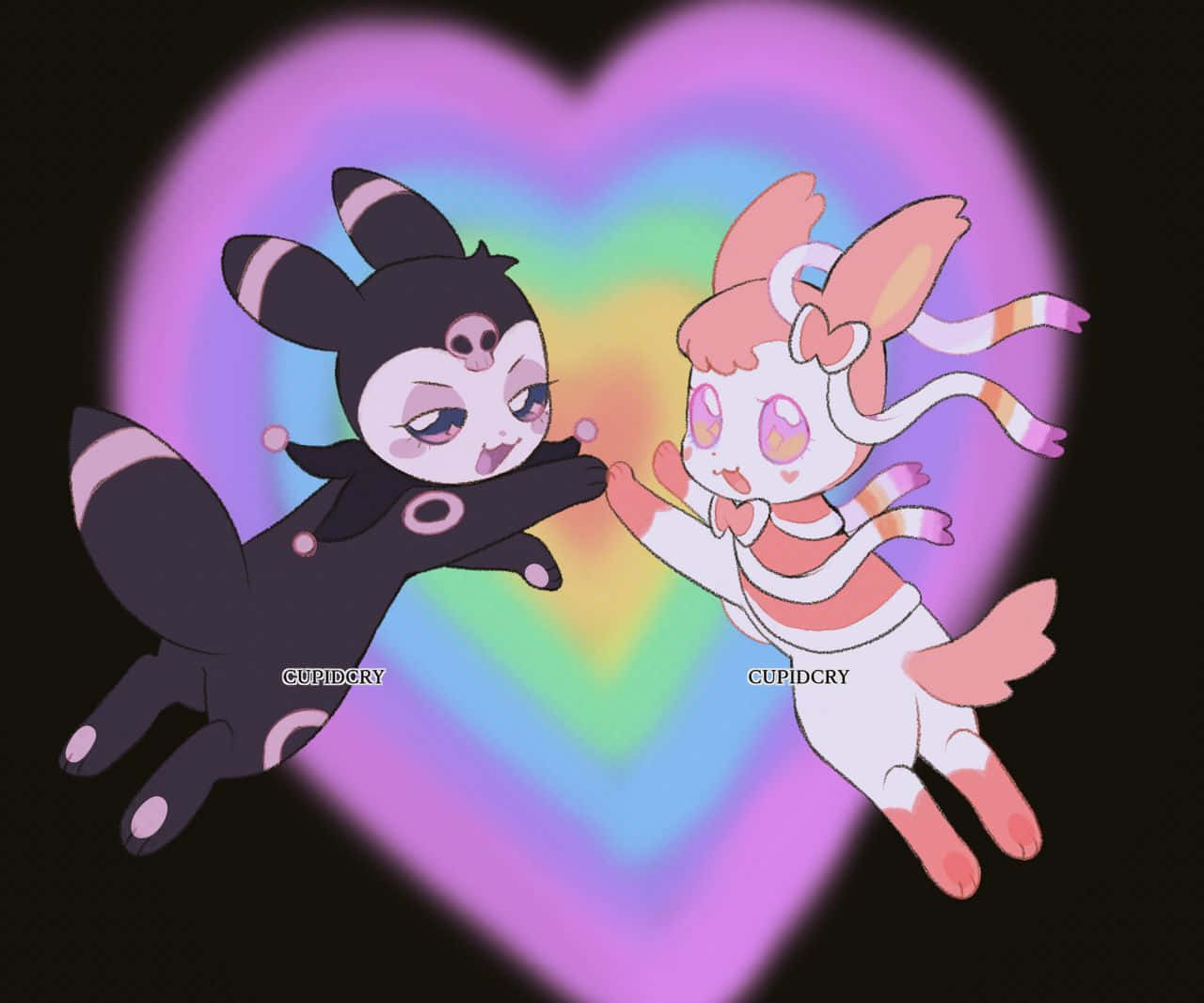 Kuromi, anime-style creatures, glowing rainbow heart backdrop, HD Desktop Wallpaper