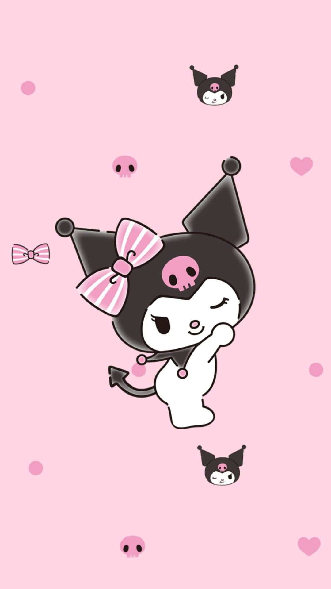 Kuromi, black and white cartoon character, pink bow, Full HD Phone Wallpaper