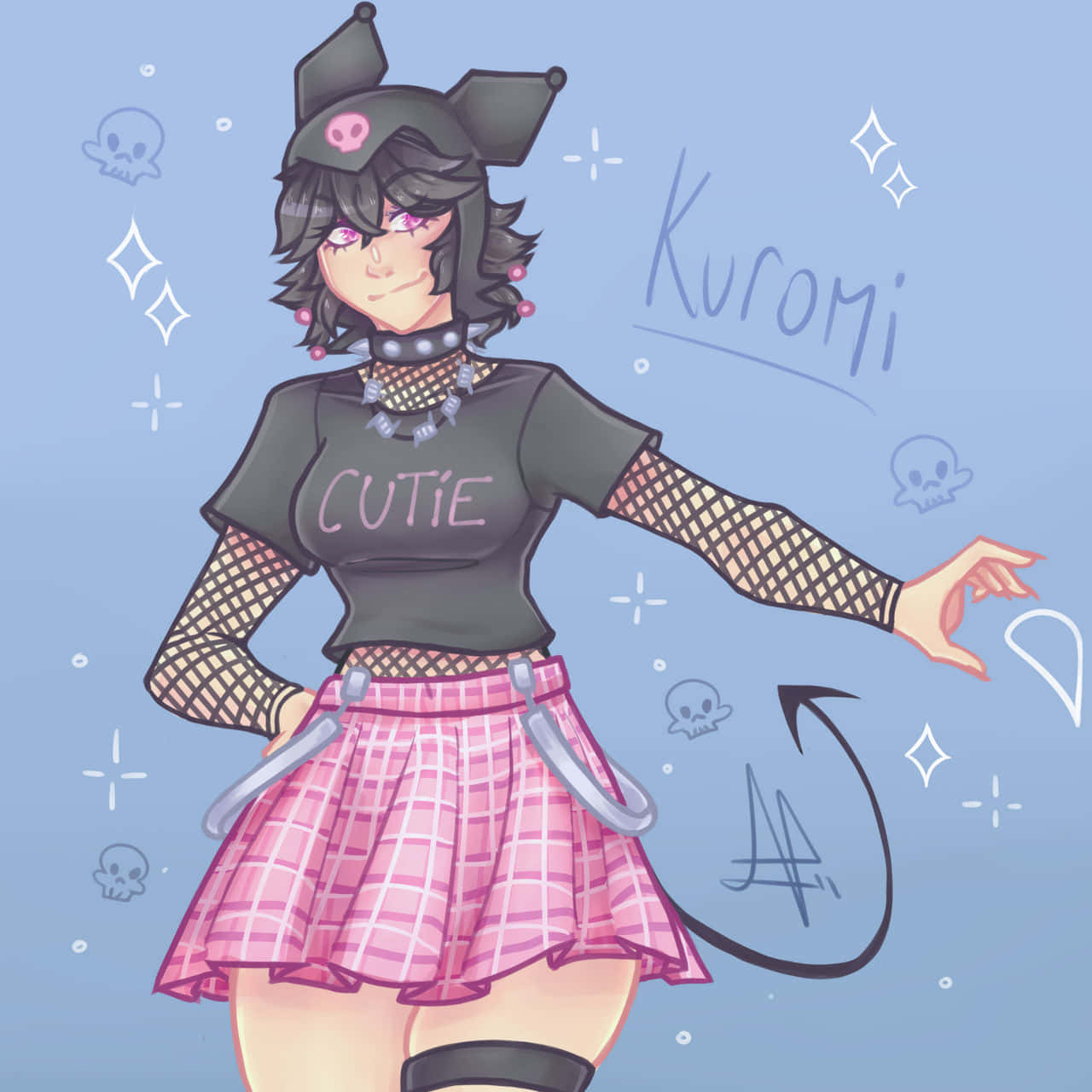 Kuromi, black cat ears, pink plaid skirt, HD Desktop Wallpaper