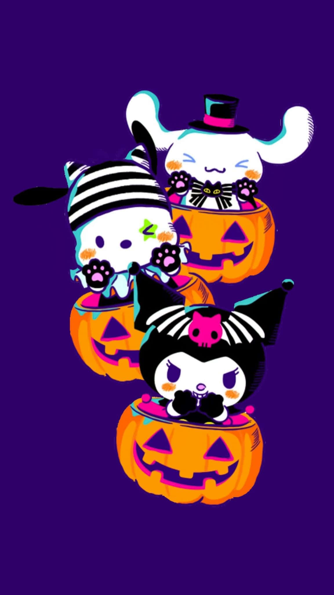 Kuromi Halloween, jack-o-lanterns, deep purple background, Full HD Phone Wallpaper
