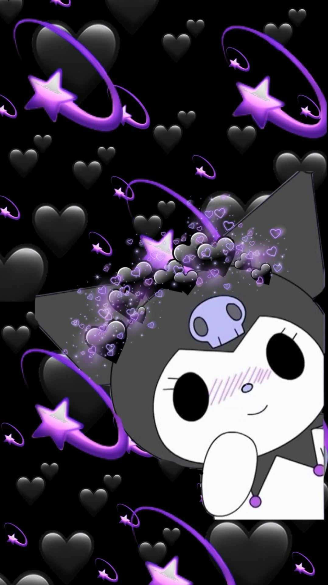 Kuromi, black hearts, glowing purple stars, Full HD Phone Wallpaper
