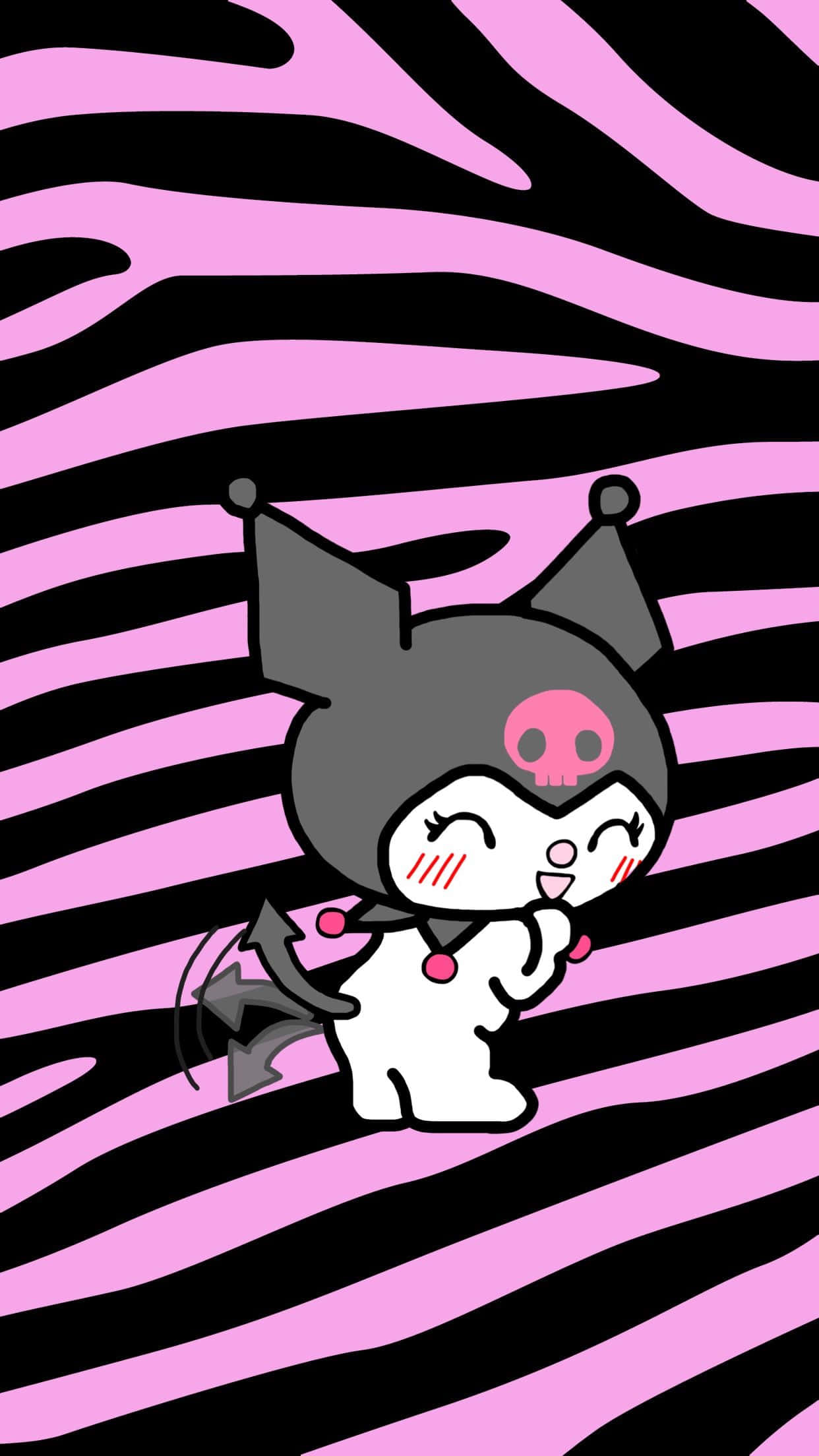 Kuromi, pink skull, pink and black zebra-striped background, Full HD Phone Wallpaper