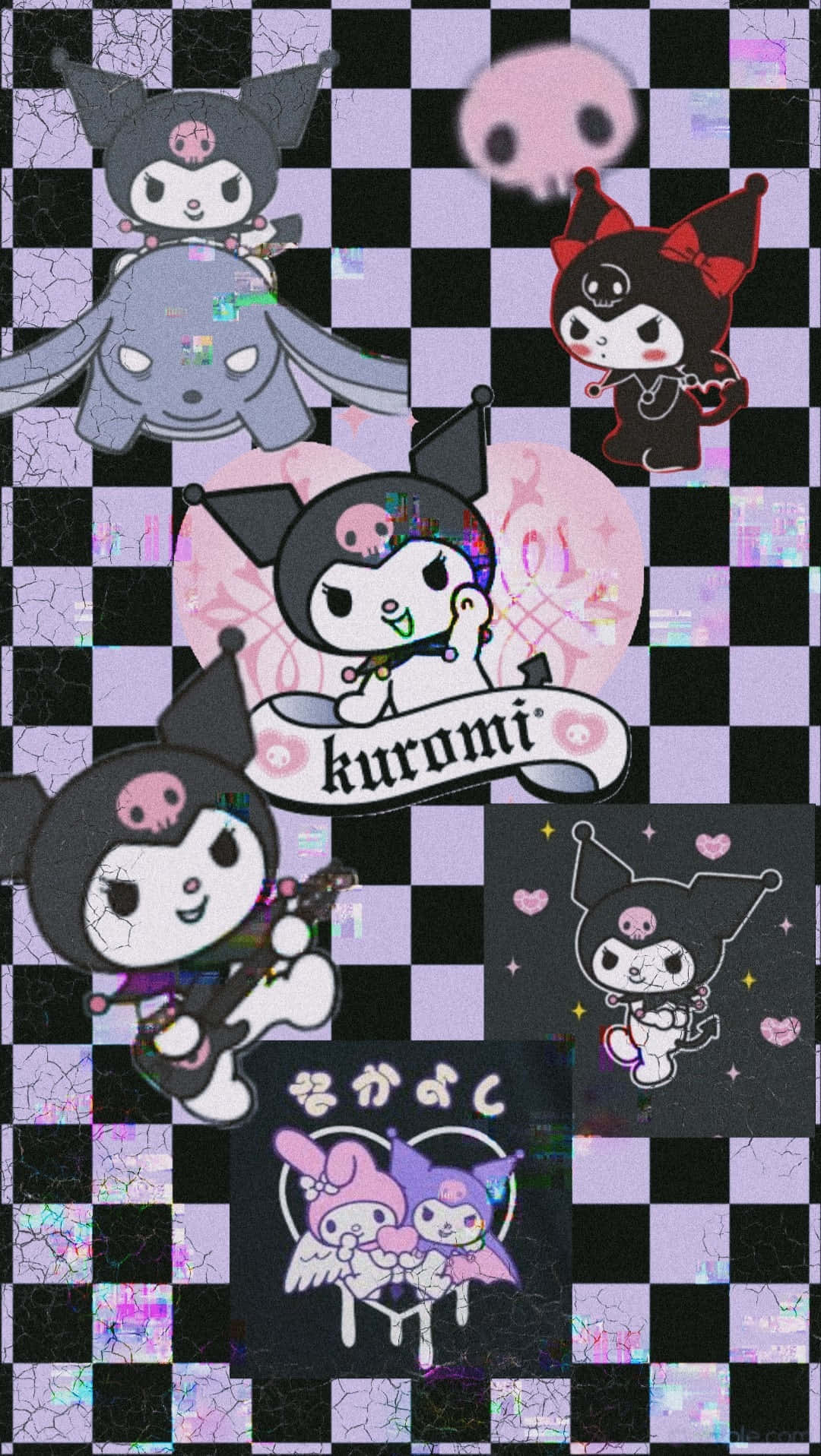 Kuromi, checkered pattern, black and purple, HD Phone Wallpaper