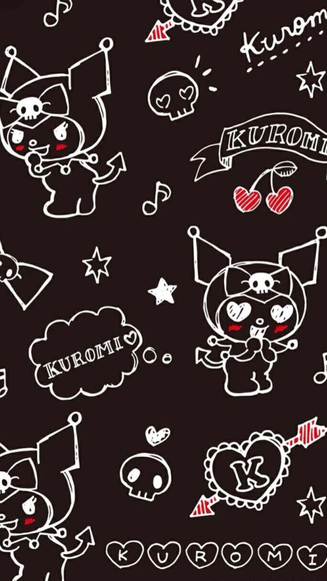 Kuromi, black, white chalk-style, Full HD Phone Wallpaper