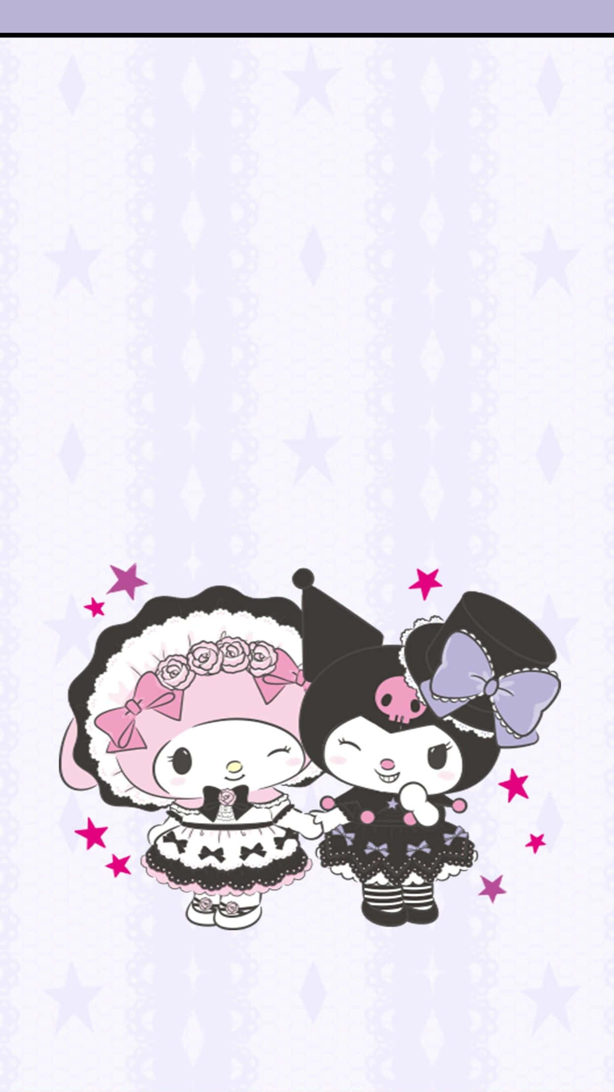 Kuromi, pink and black gothic outfits, light purple starry background, Full HD Phone Wallpaper