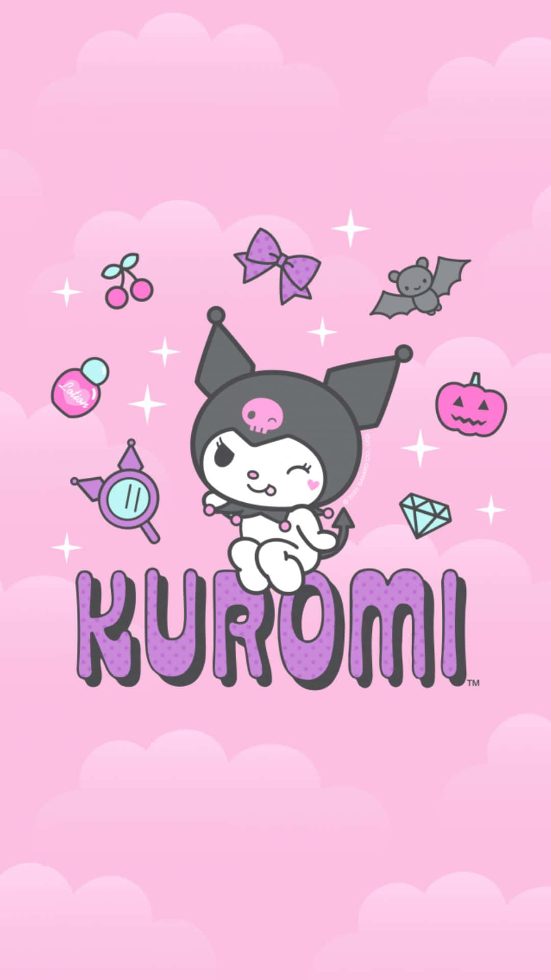 Kuromi, black cat character, pink clouds, Full HD Phone Wallpaper