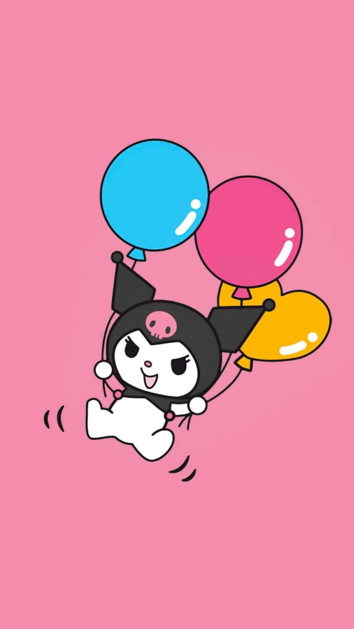 Kuromi, black and white cartoon character, three colorful balloons, Full HD Phone Wallpaper
