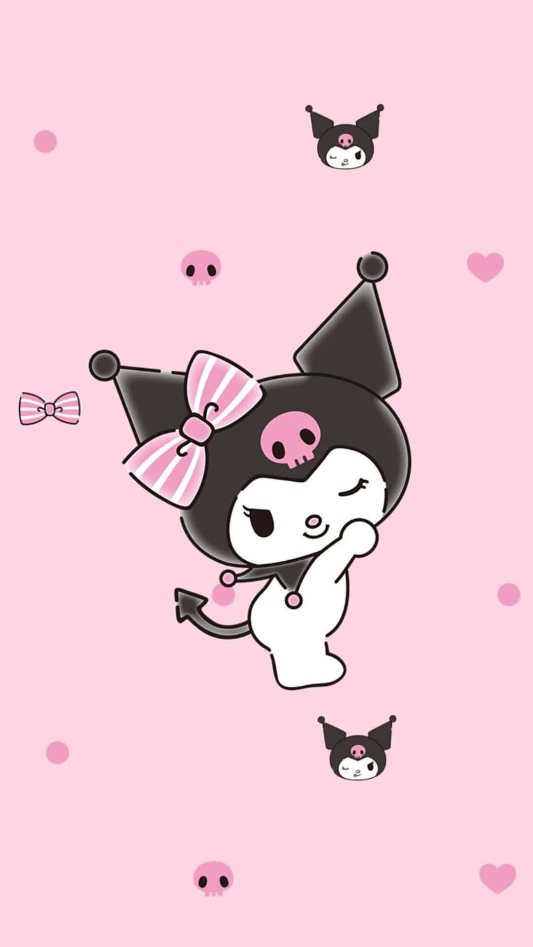 Kuromi, black and white cartoon character, pink bow, Full HD Phone Wallpaper