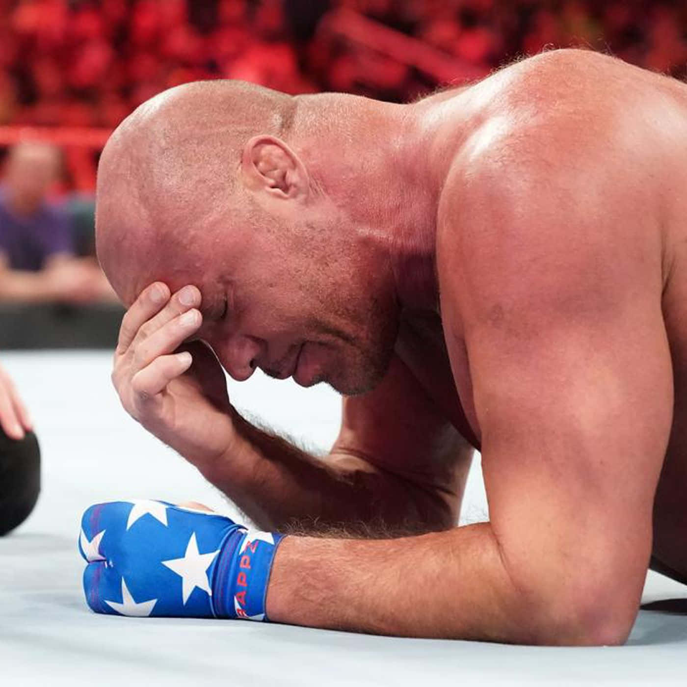 Kurt Angle, blue star-patterned gloves, red-lit arena, HD Desktop Wallpaper