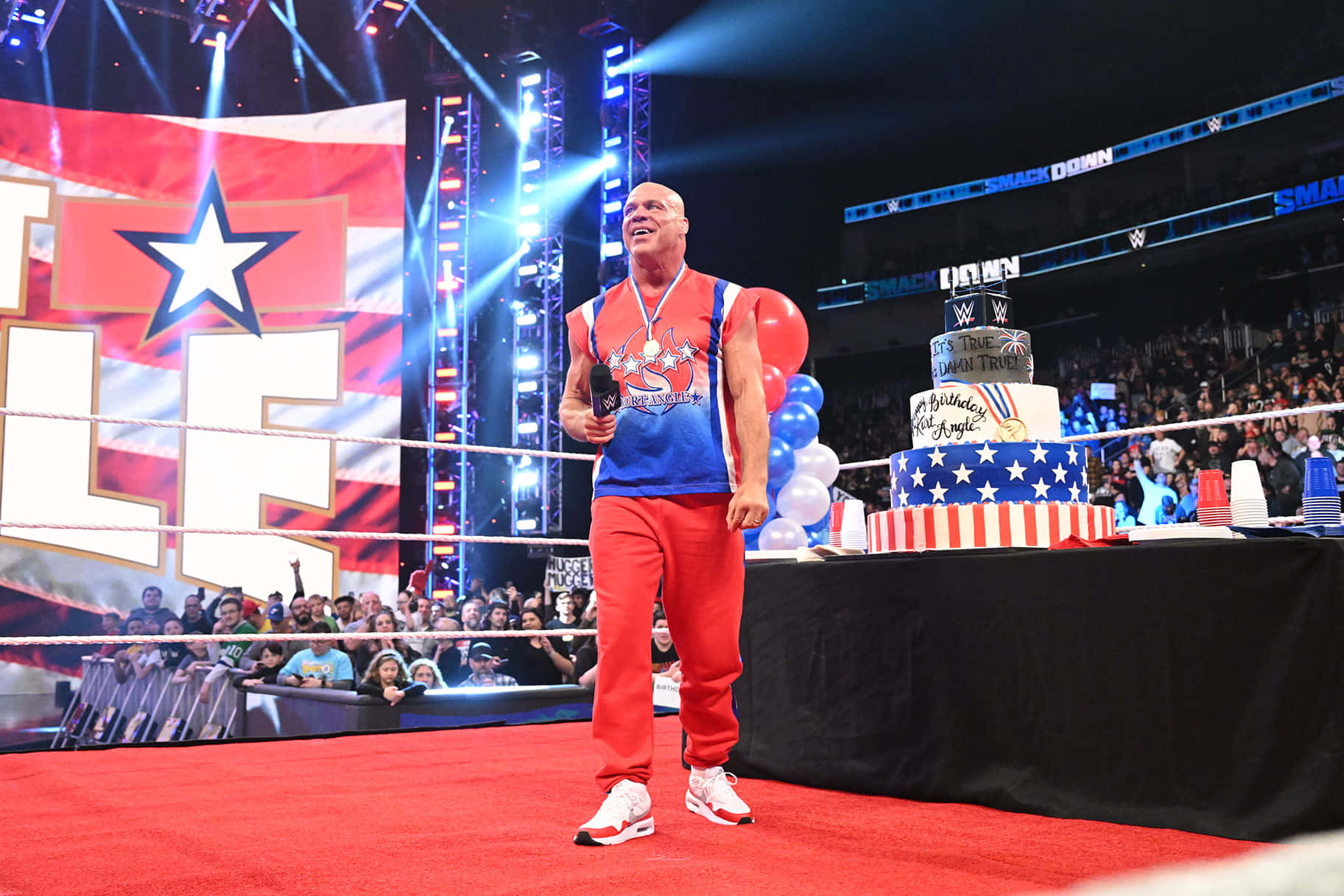 Kurt Angle, wrestling ring, red and blue gear, HD Desktop Wallpaper