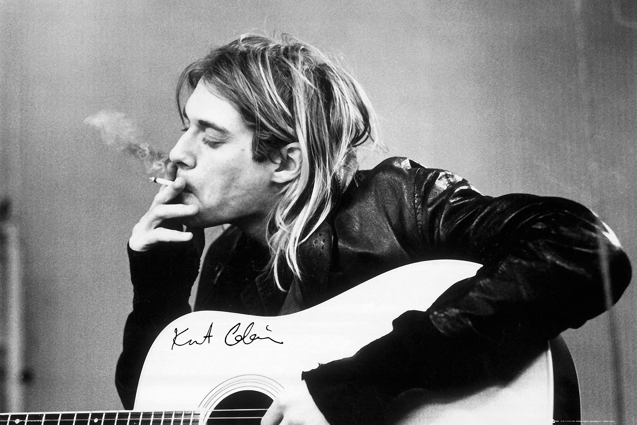 Kurt Cobain, cigarette, white acoustic guitar, Full HD Desktop Wallpaper