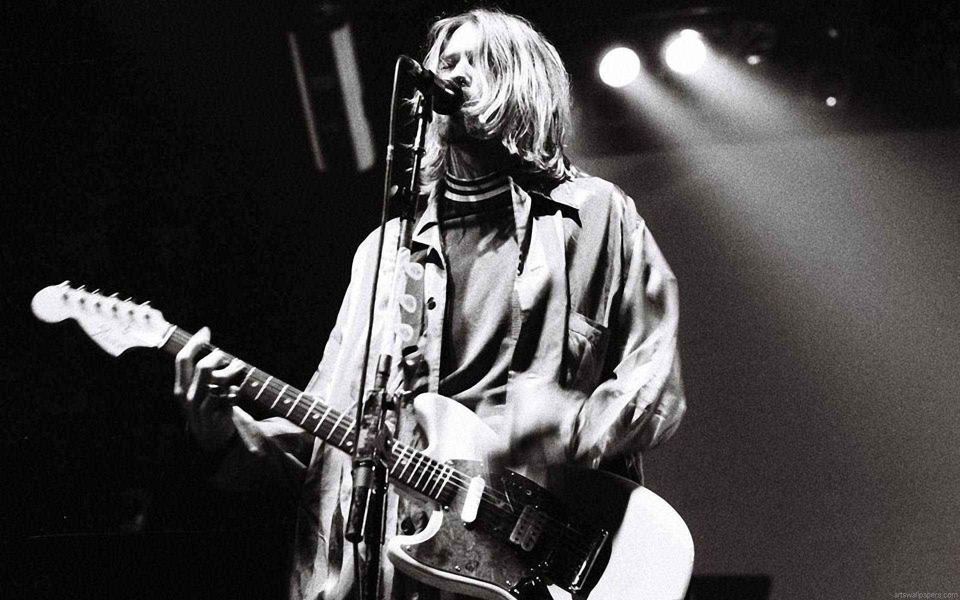 Kurt Cobain, white electric guitar, bright stage lights, Full HD Desktop Wallpaper