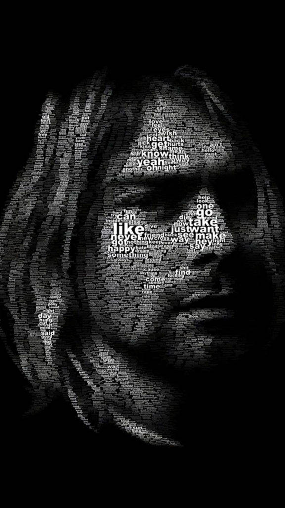 Kurt Cobain, black and white portrait, overlapping words, SD Phone Wallpaper