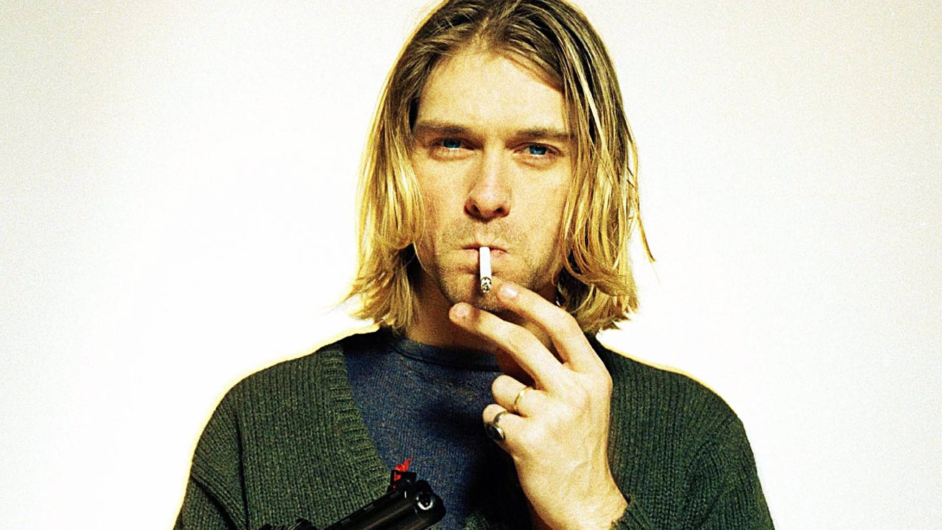 Kurt Cobain, long blonde hair, green sweater, Full HD Desktop Wallpaper